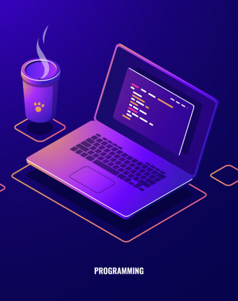 Laptop with program code isometric icon, software development and programming applications dark neon vector